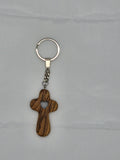 Handmade Olive Wood Cross on Keyring caved with a Heart inside