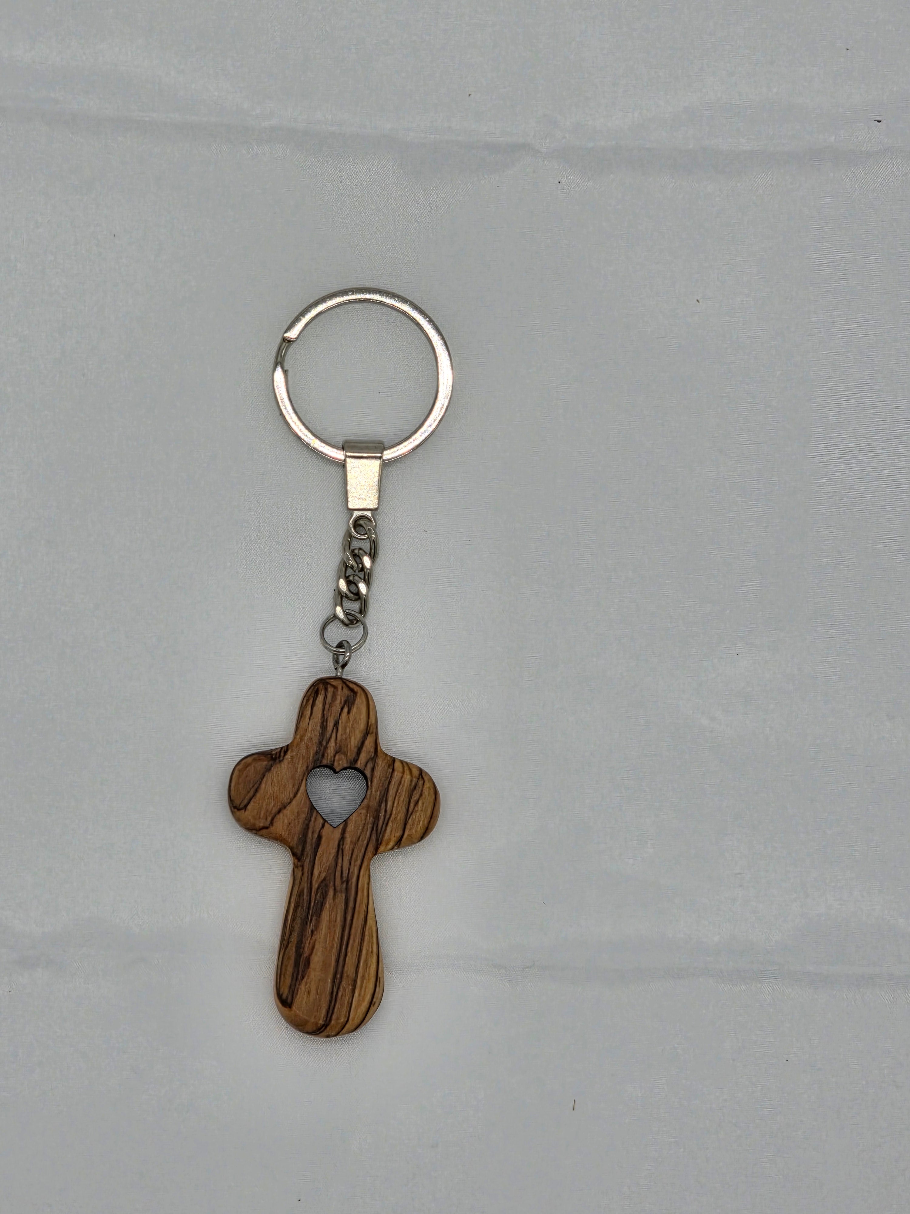 Handmade Olive Wood Cross on Keyring caved with a Heart inside