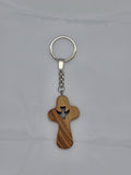 Handmade Olive Wood Cross on Keyring caved with Holy Spirit inside