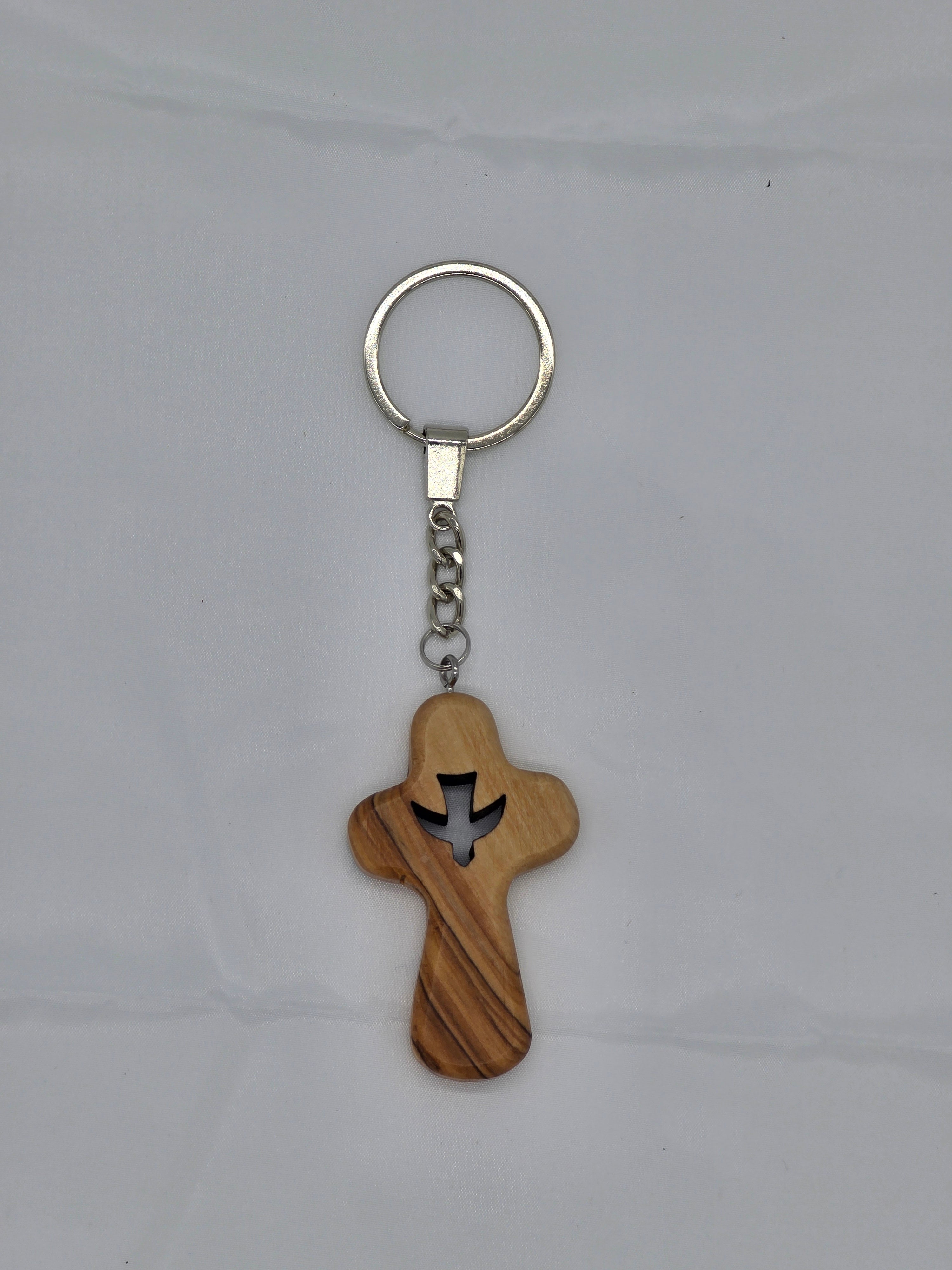 Handmade Olive Wood Cross on Keyring caved with Holy Spirit inside