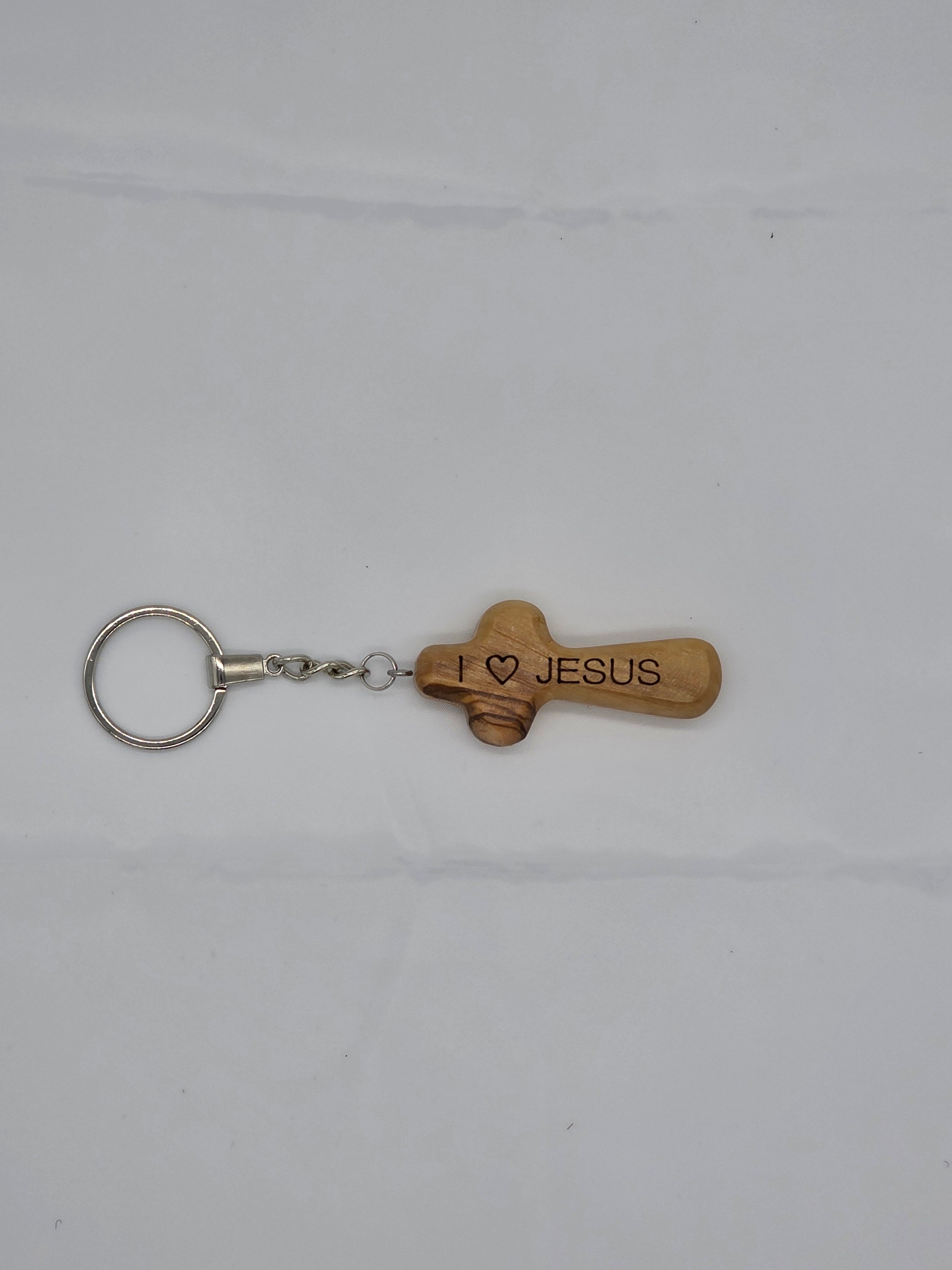 Handmade Olive Wood Cross on Keyring Engraved I ♥ Jesus