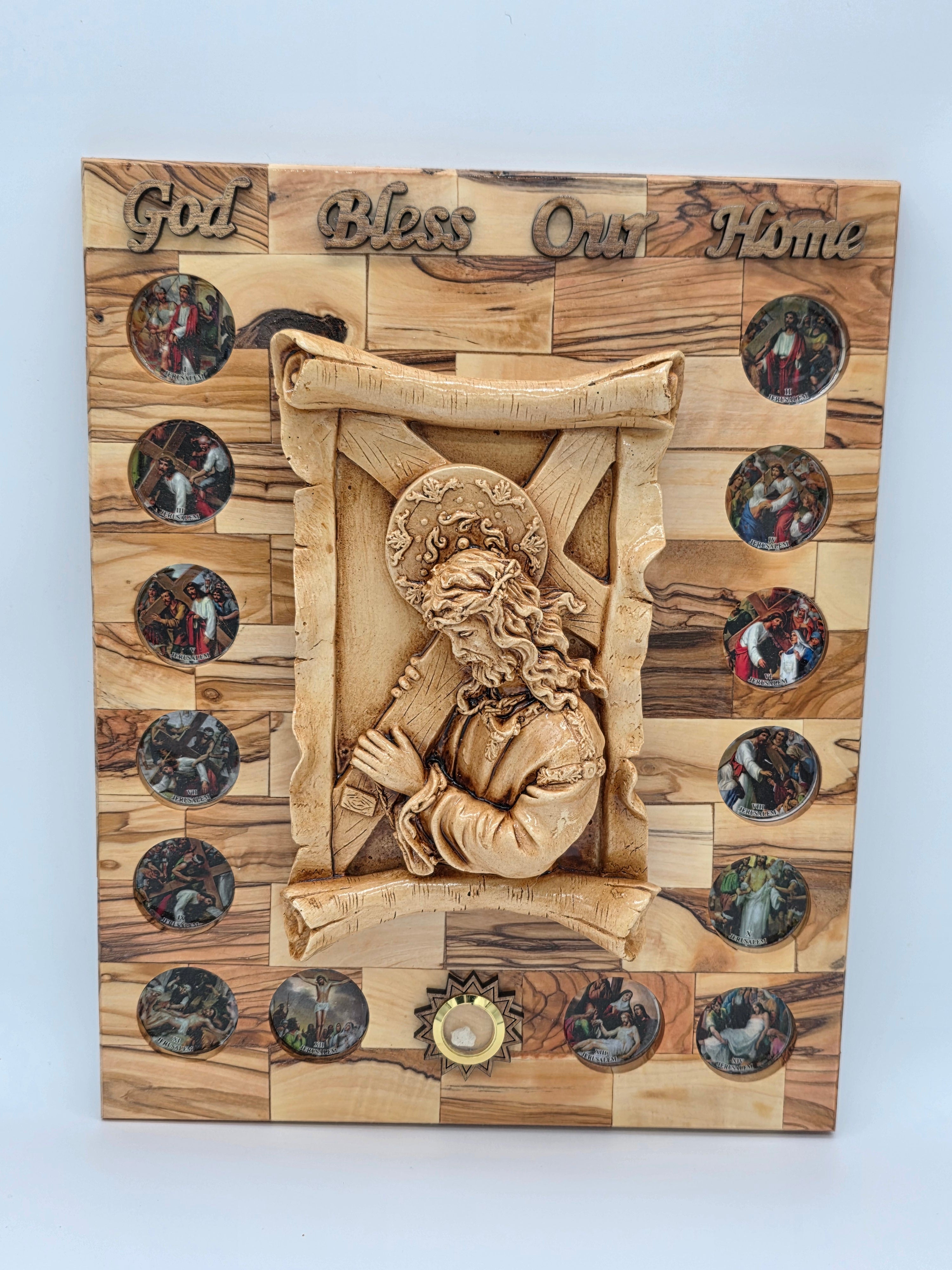 Jesus carrying the Cross Plaque with The 14 Stations of The Cross