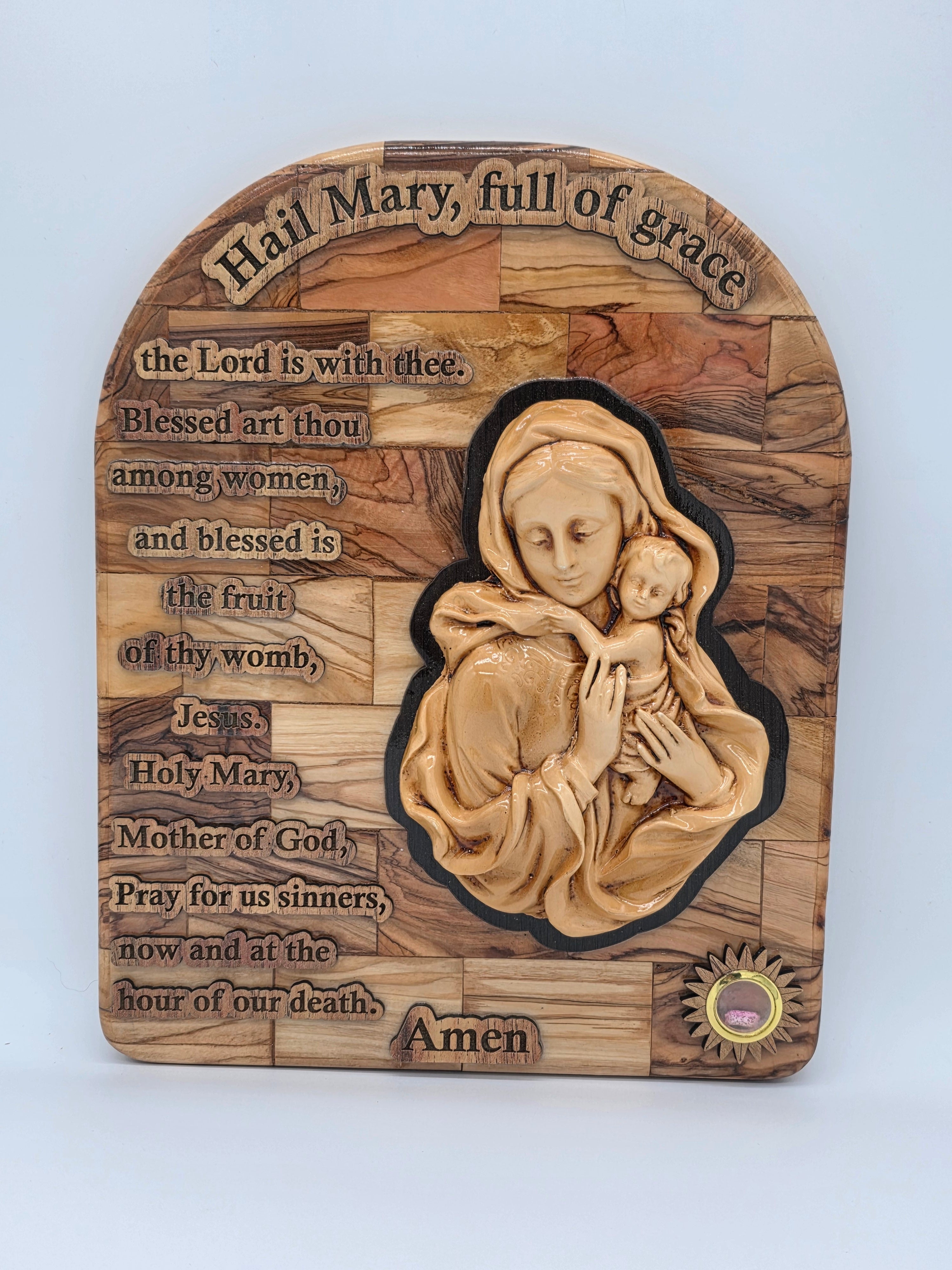Our Lady and Baby Jesus Plaque with The Hail Mary Prayer