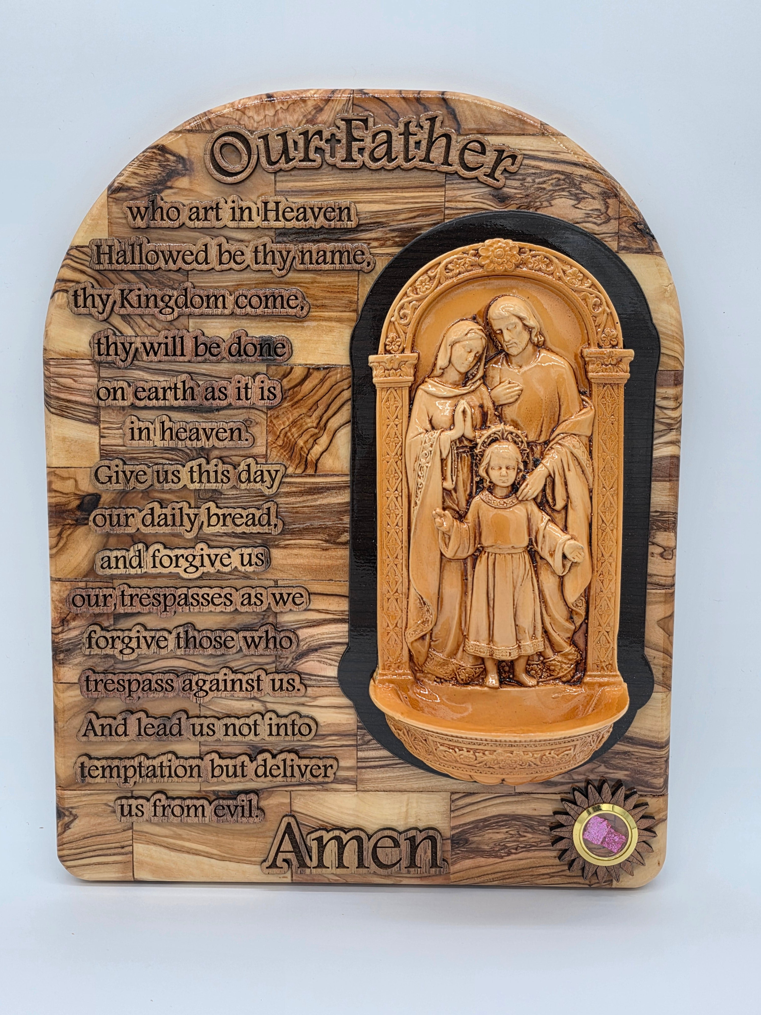 The Lords Prayer Plaque with The Holy Family and a Water Font