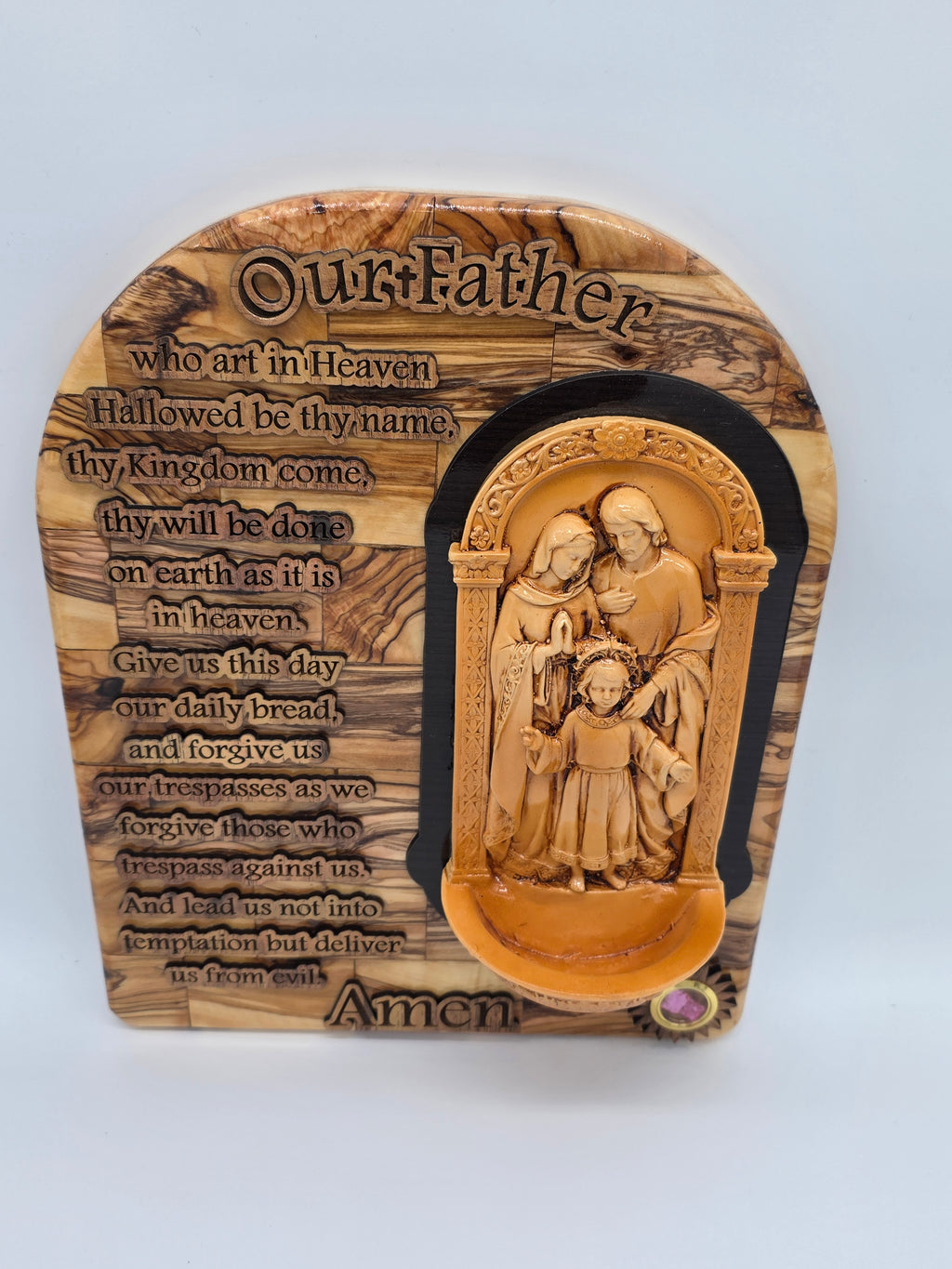 The Lords Prayer Plaque with The Holy Family and a Water Font