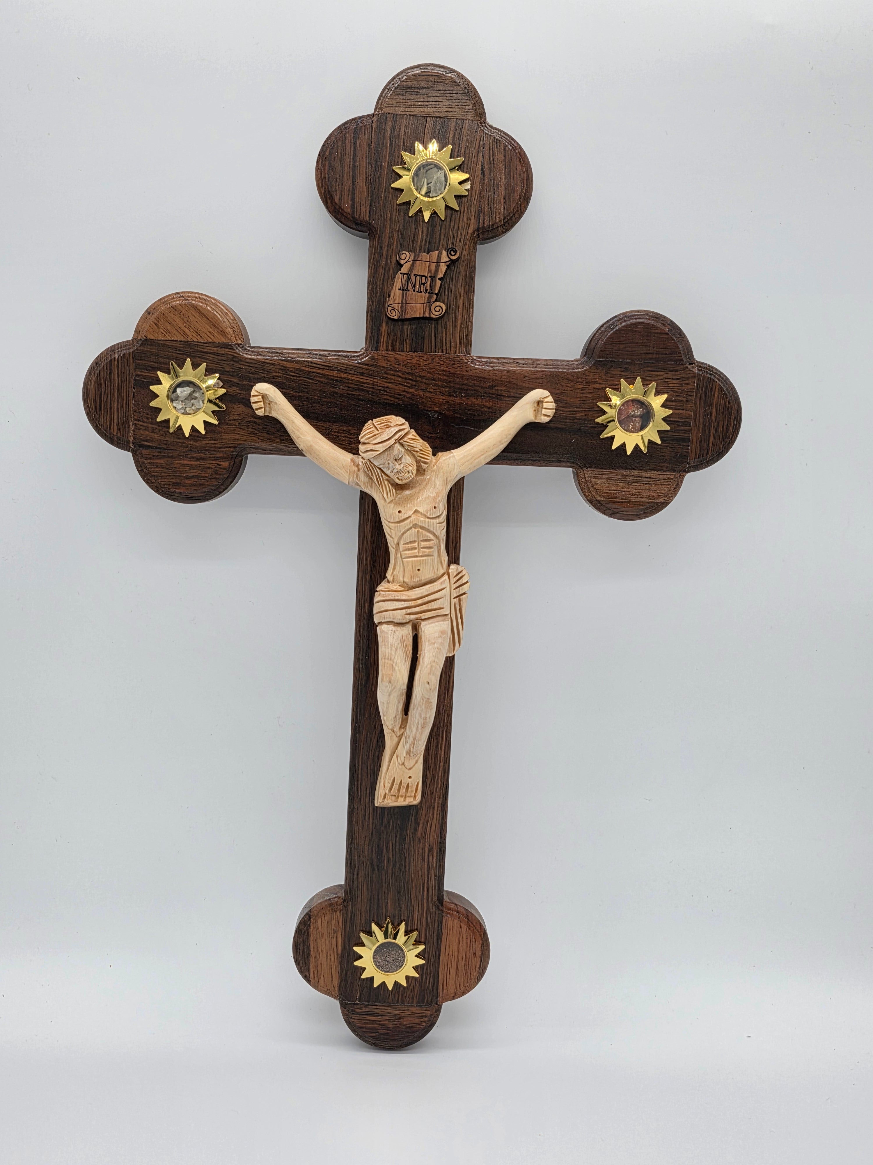 Handmade Olive Wood Crucifix 39cm with Holy Soil , Frankincense , Olive Leave and Holy Stones