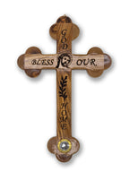 Handmade Olive wood Cross 28cm with God Bless Our Home and Holy Soil