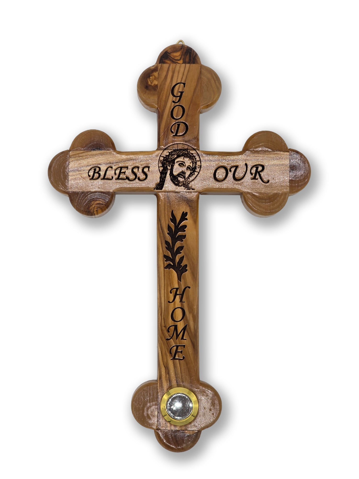 Handmade Olive wood Cross 28cm with God Bless Our Home and Holy Soil