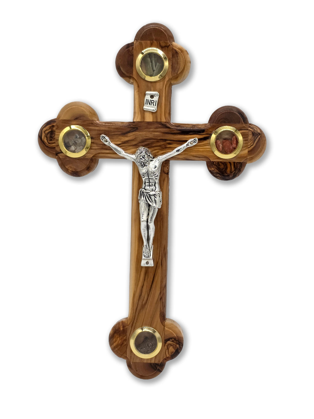 Handmade olive wood Crucifix 28cm with Holy Soil, Frankincense, Olive Leaves and Holy Stones