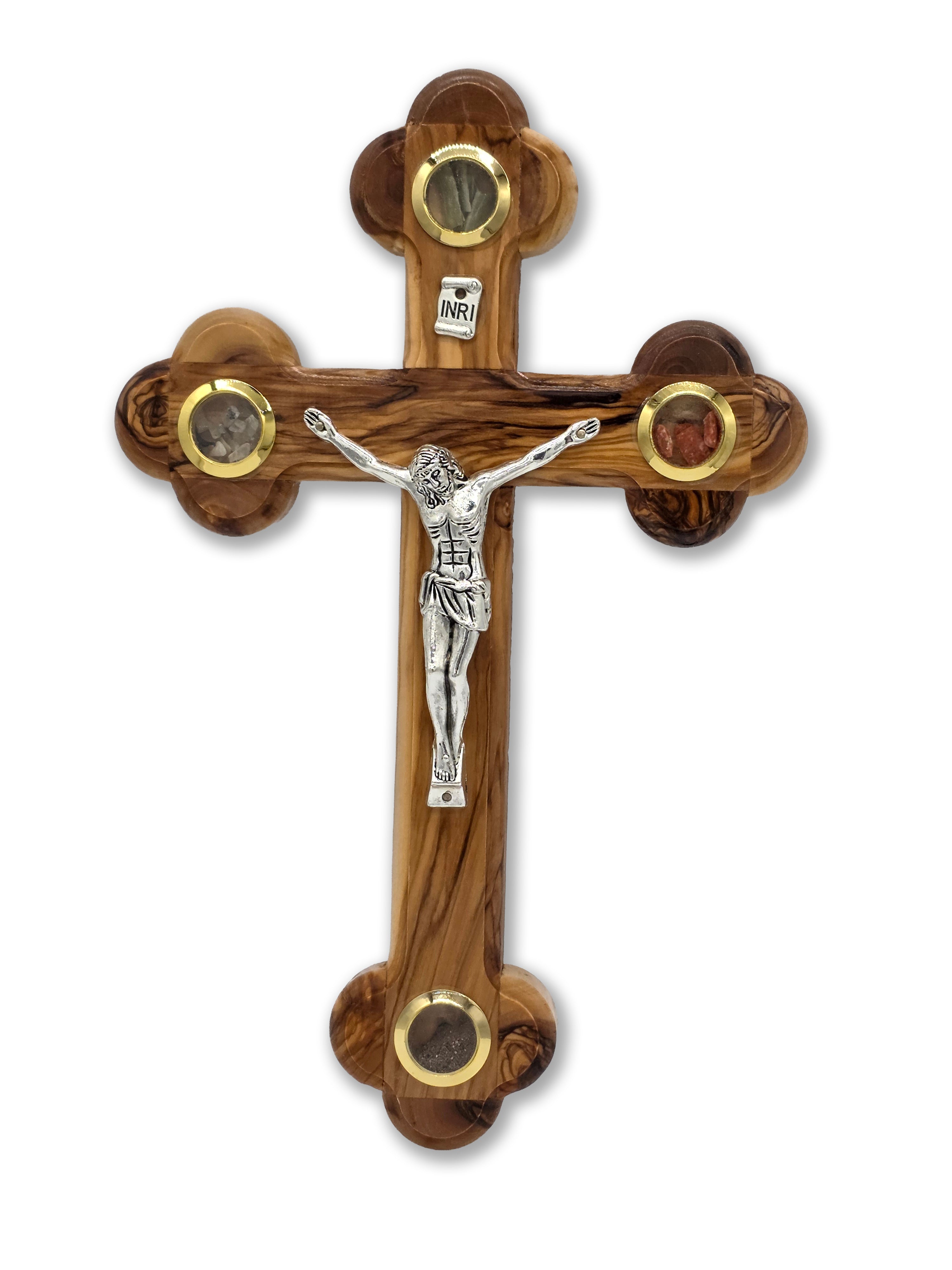 Handmade olive wood Crucifix 28cm with Holy Soil, Frankincense, Olive Leaves and Holy Stones