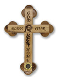 Handmade Olive wood Cross 18cm with God Bless Our Home and Holy Soil