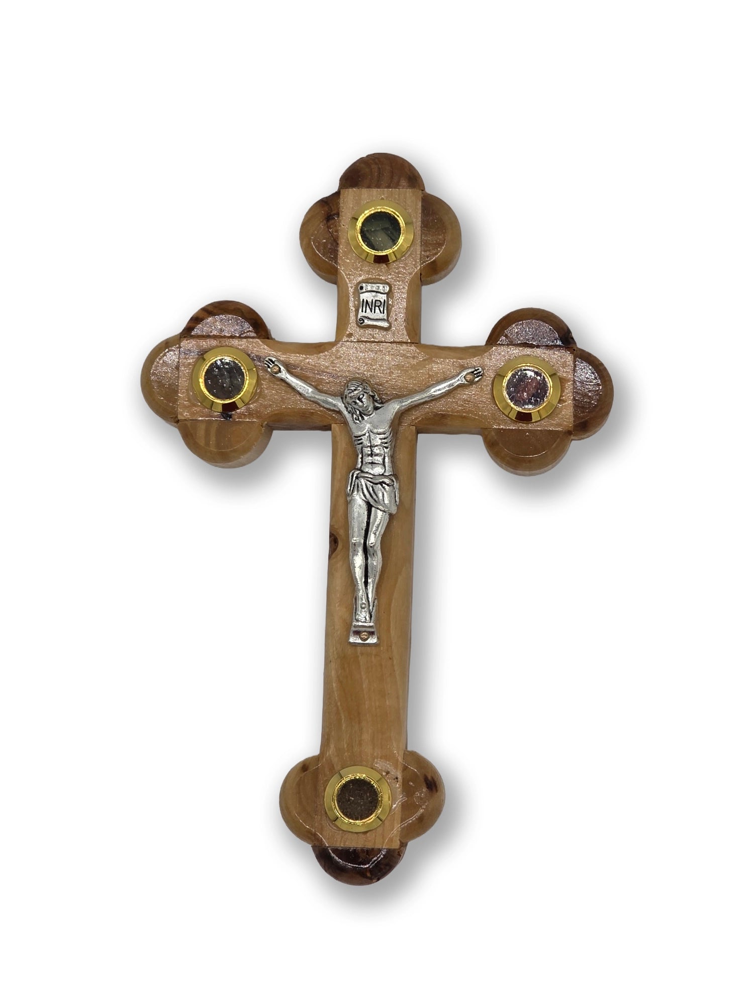 Handmade Olive wood Crucifix 18cm with Holy Soil, Frankincense, Olive Leaves and Holy Stones