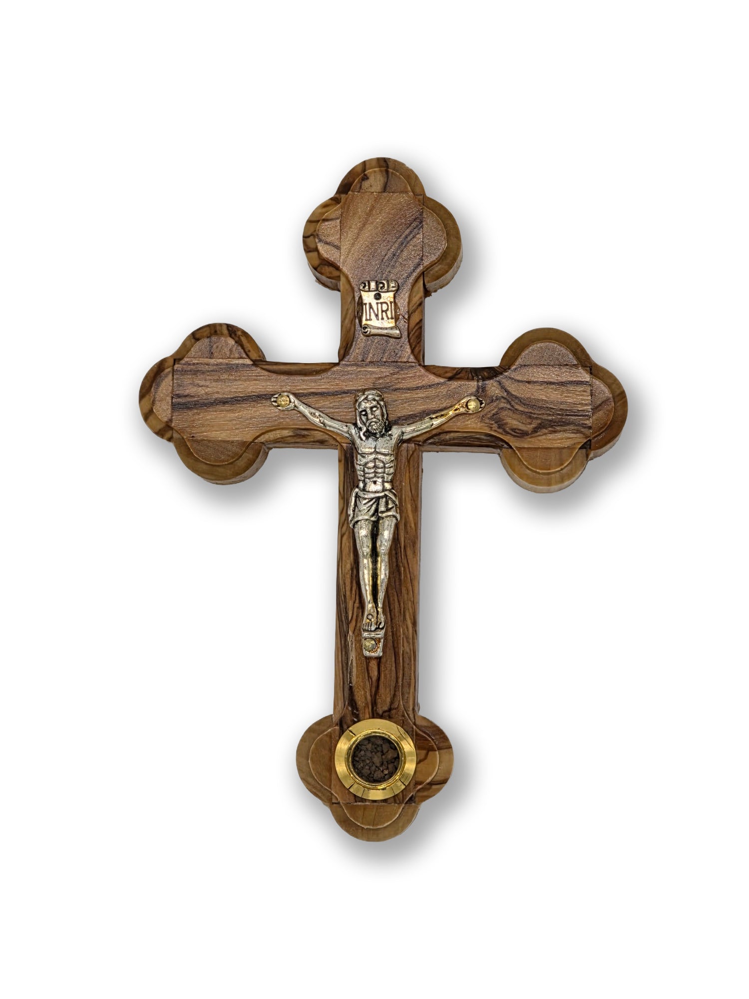 Handmade Olive wood Crucifix 13.5cm with Holy Soil